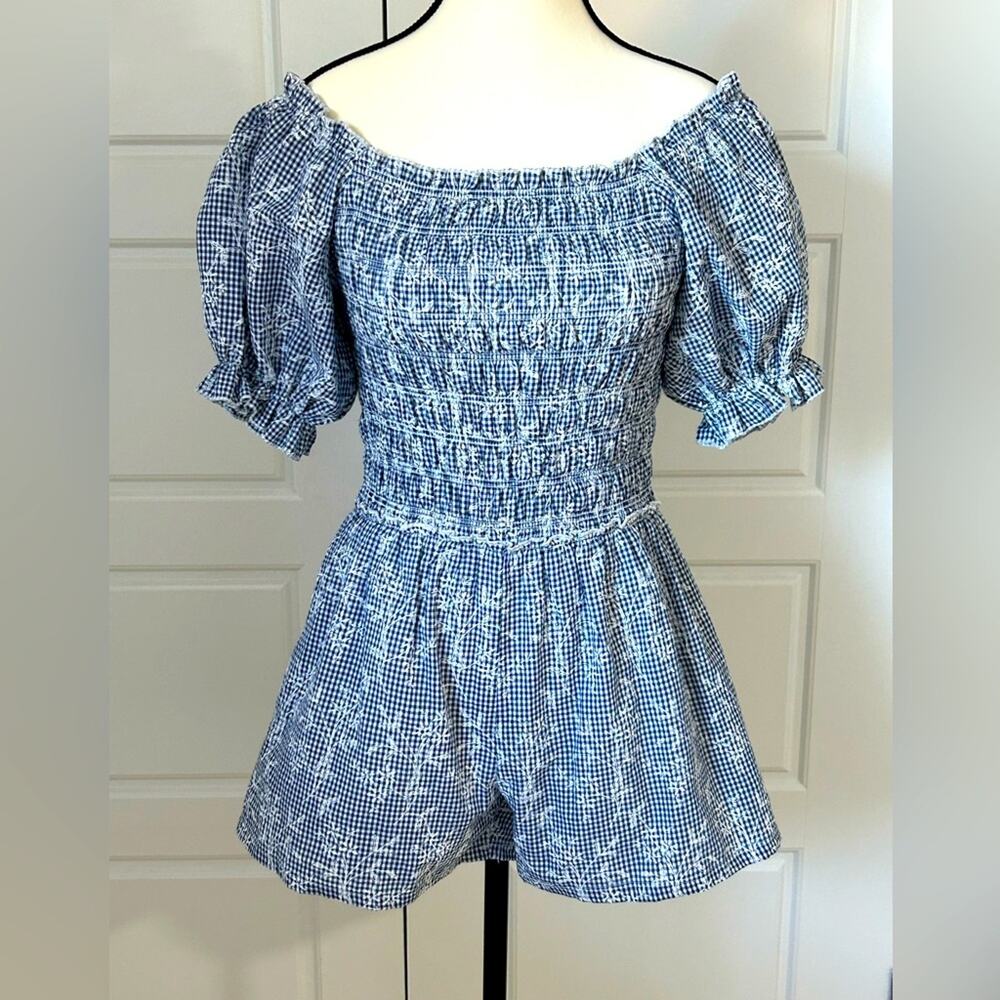 Hannah banana blue smocked gingham off the shoulder romper short sz 12 floral
